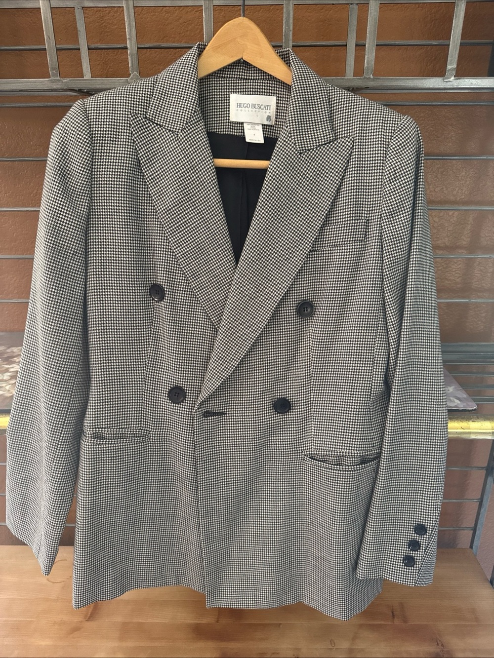 Hugo Buscati Black & Cream Houndstooth  Double-Breasted Sport Coat Blazer